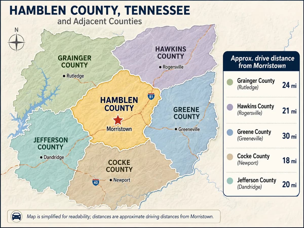 ALLout Property Services map covering Hamblen, Grainger, Hawkins, Greene, Cocke, and Jefferson counties near Morristown, Tennessee
